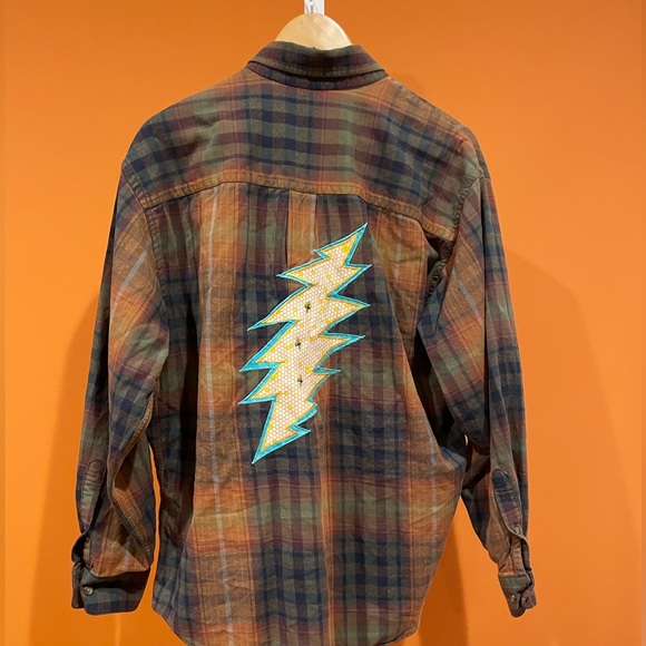 Upcycled Lands End flannel with lightning bolt patchwork large - Picture 2 of 5